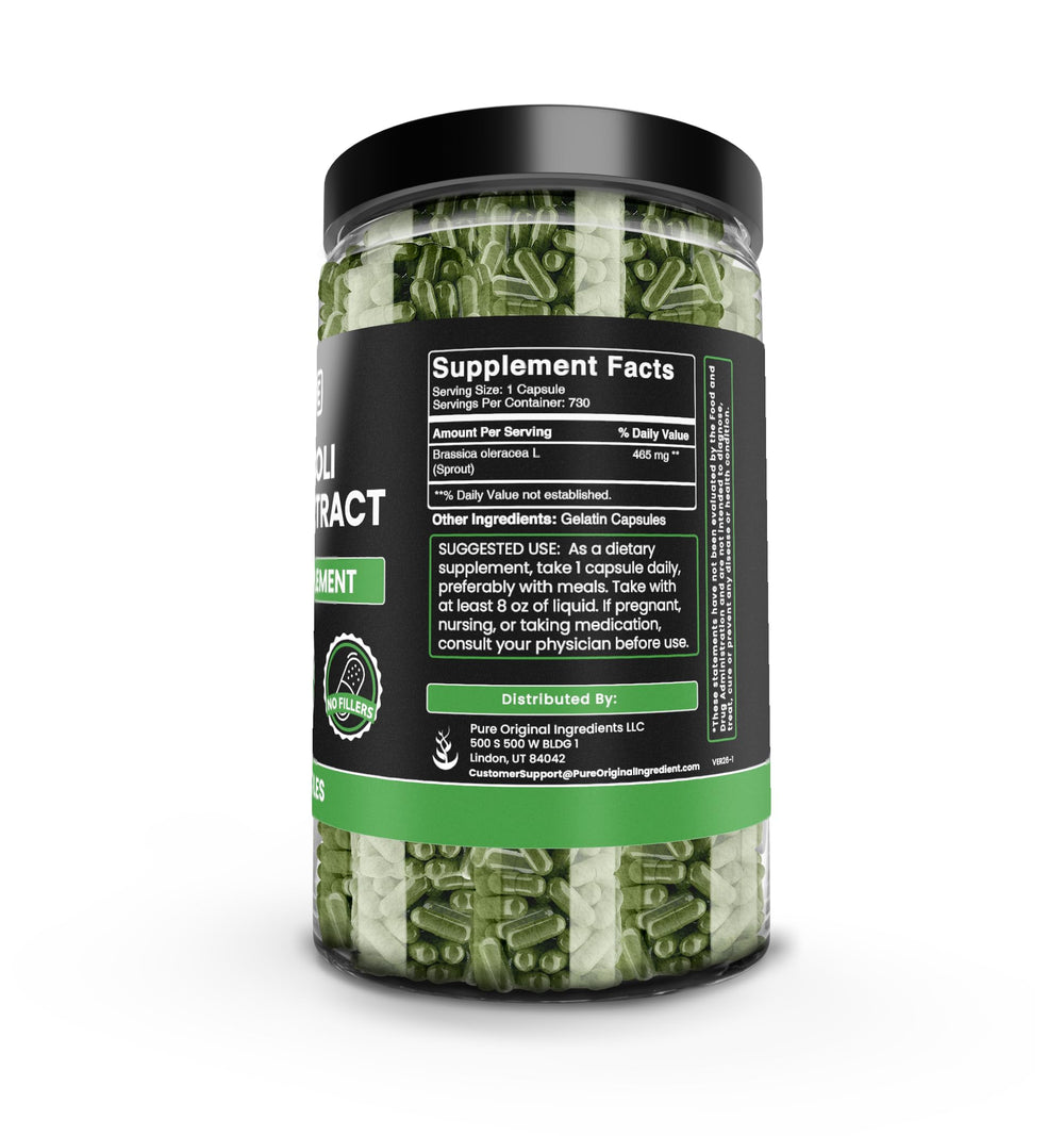 Pure Original Ingredients broccoli extract packaging showing USA production.