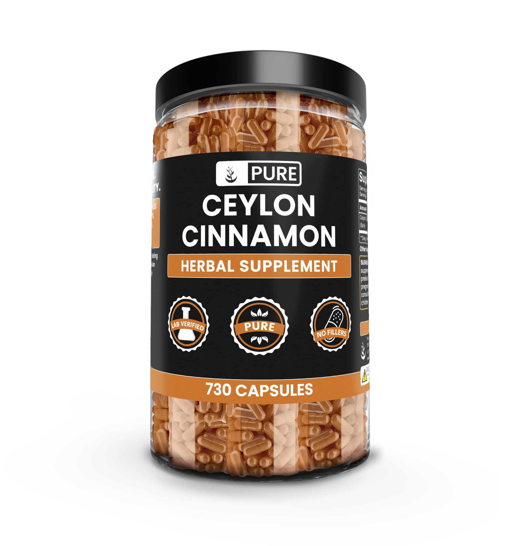 Pure Original Ingredients Ceylon Cinnamon capsules bottle front, pure additive-free daily supplement