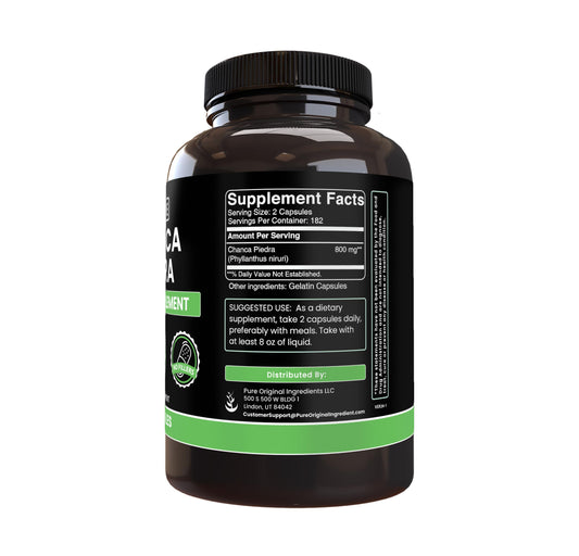 Chanca Piedra capsules label close-up emphasizes purity and no fillers.