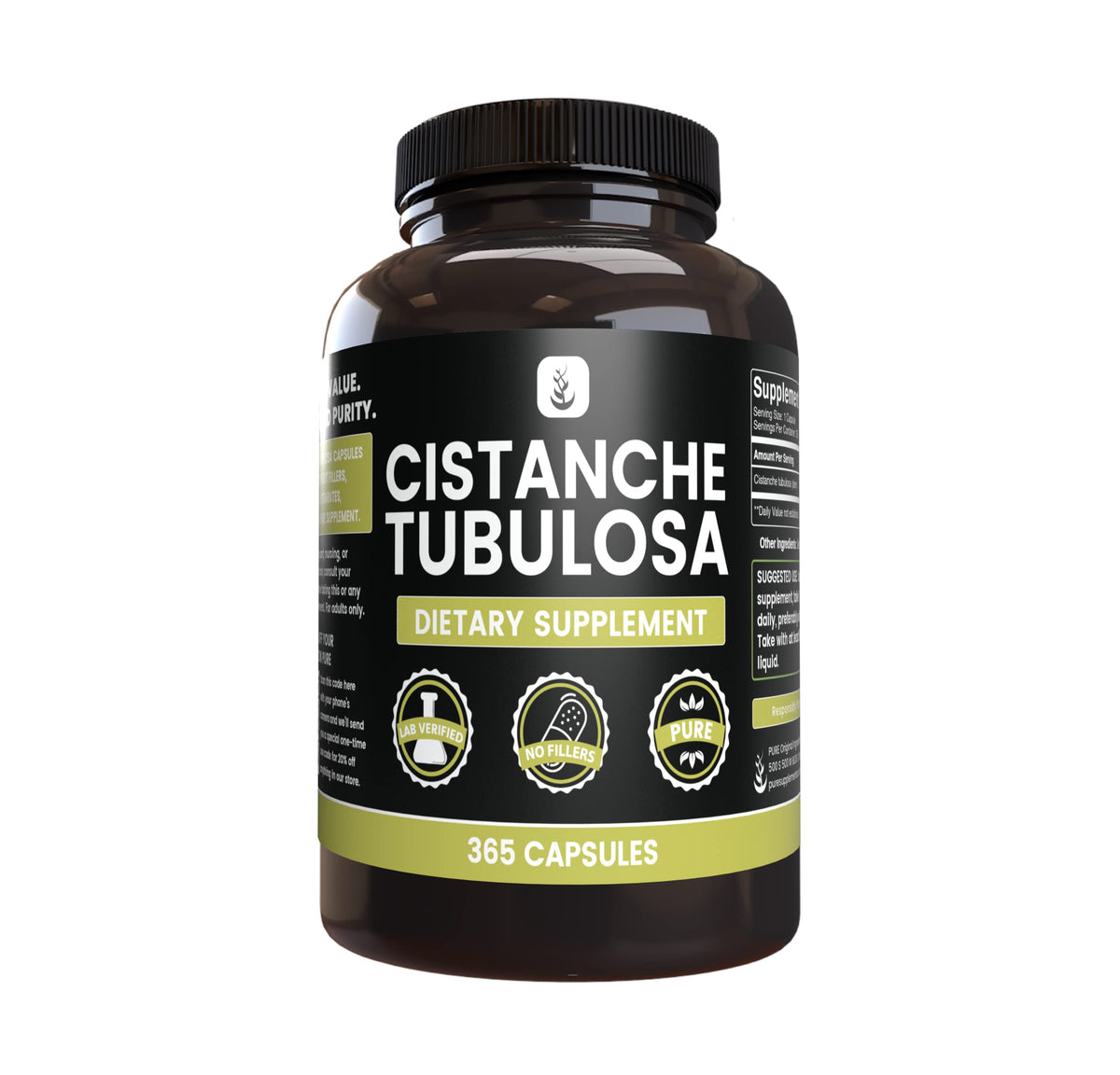 Pure Original Ingredients Cistanche Tubulosa bottle front shows pure single-ingredient capsules for daily use.