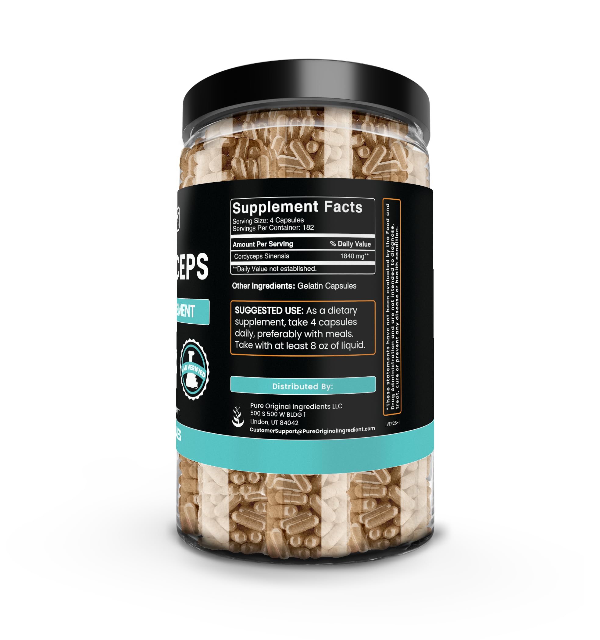 Cordyceps capsules close-up highlighting potency and purity
