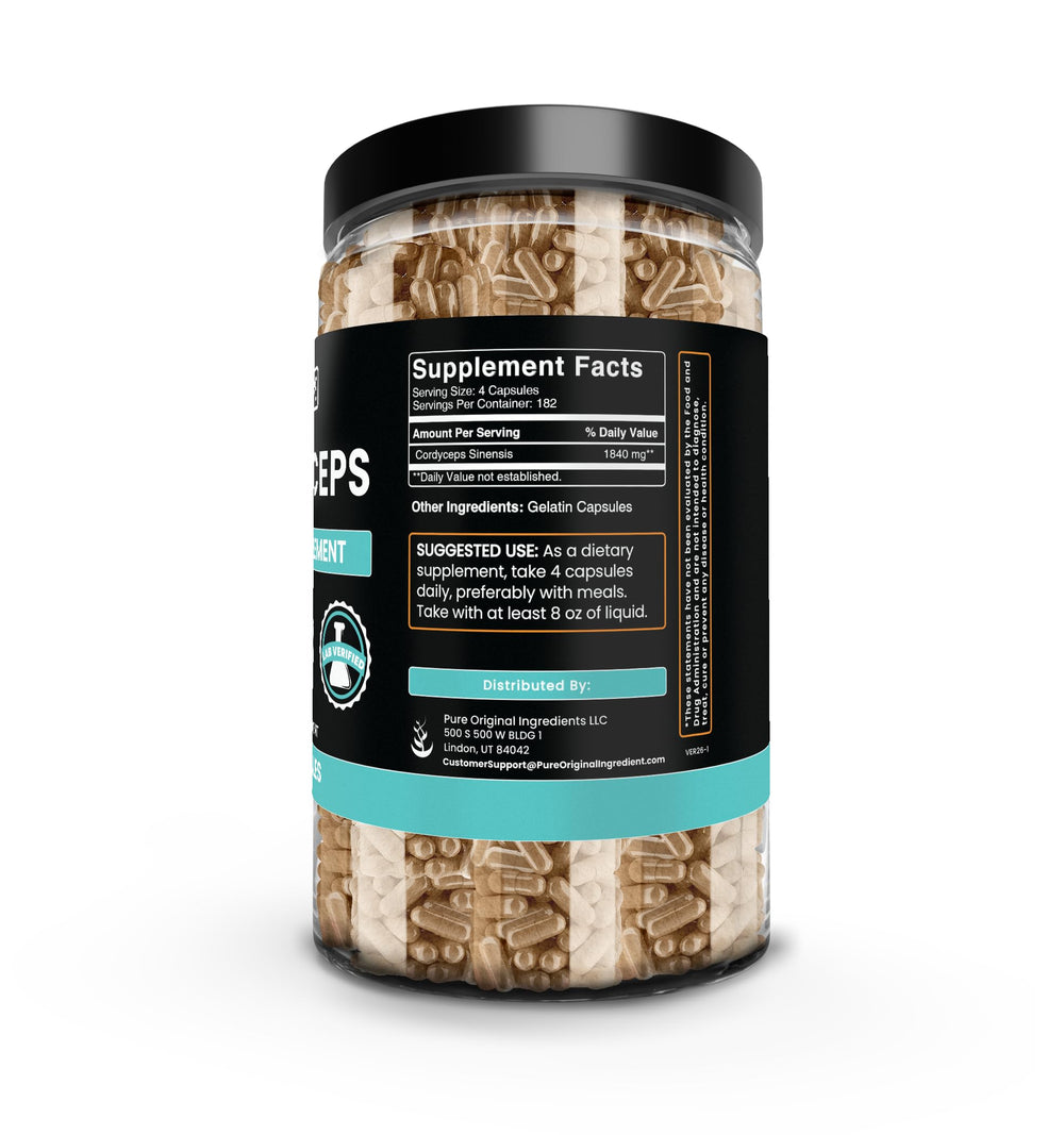 Cordyceps capsules close-up highlighting potency and purity