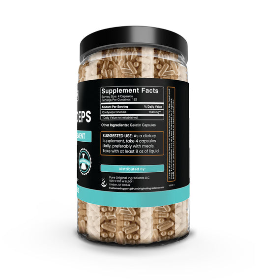 Cordyceps capsules close-up highlighting potency and purity