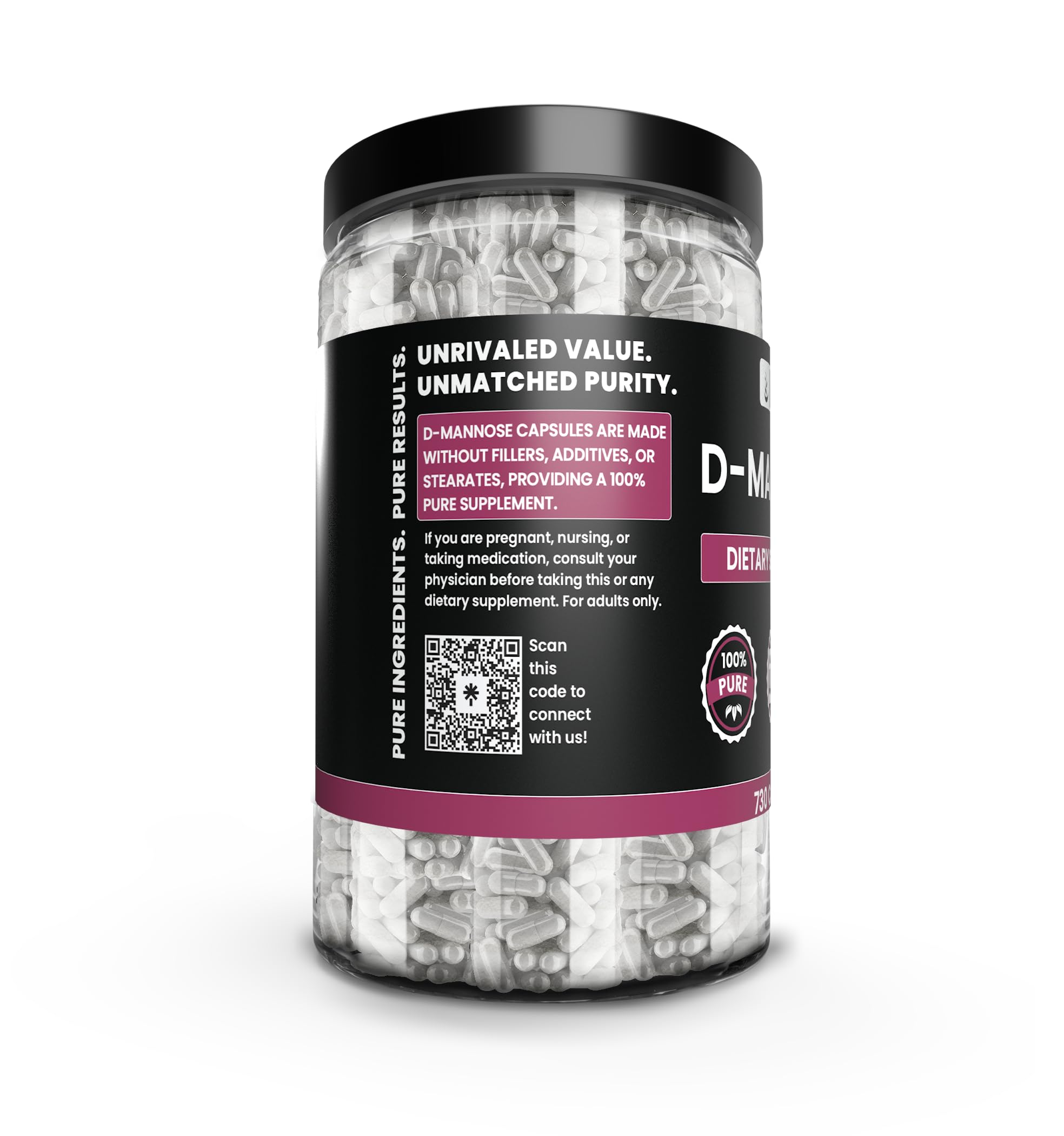 Pure Original Ingredients D-Mannose bottle being poured to reveal capsules for daily dosing.