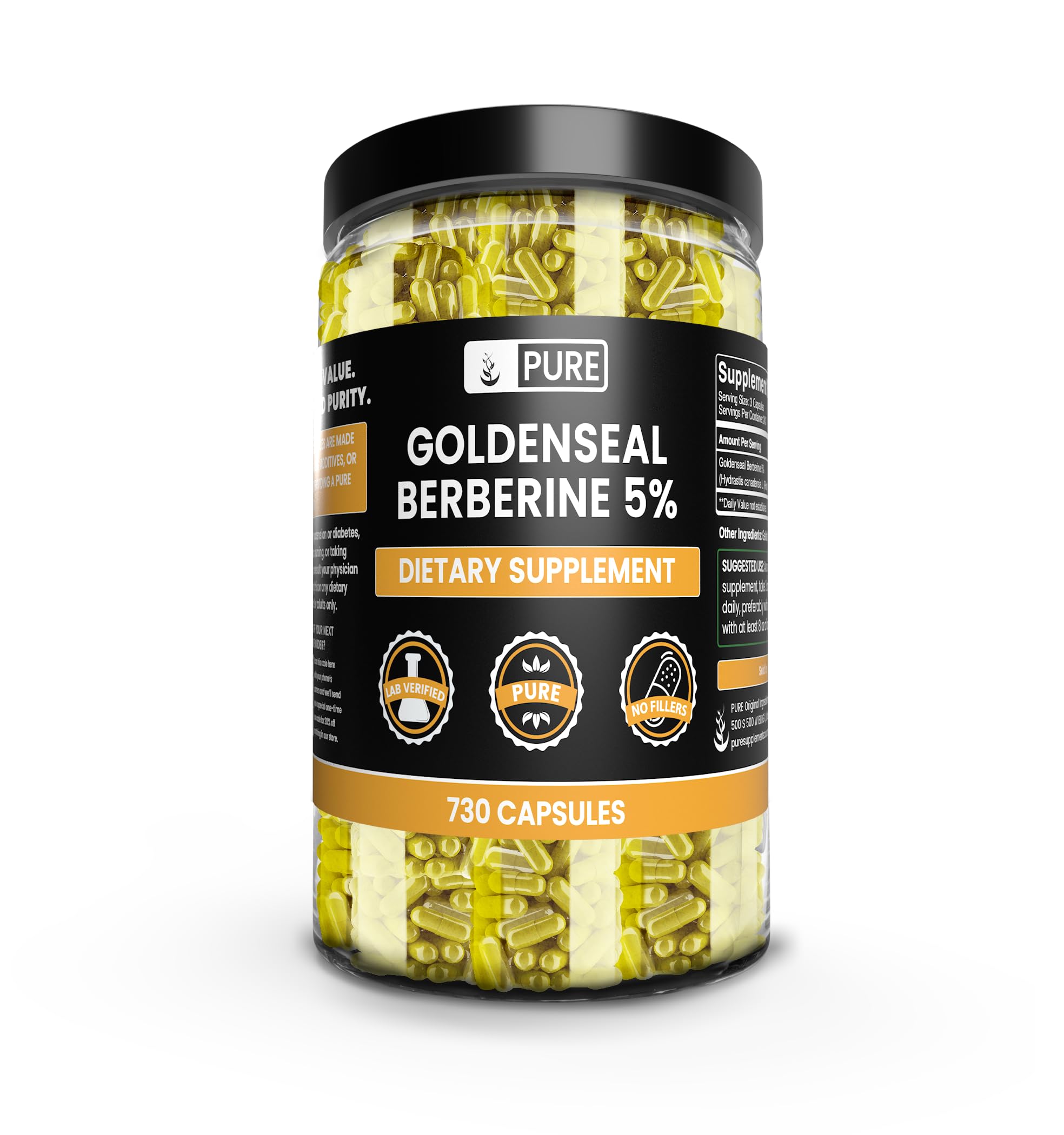PURE ORIGINAL INGREDIENTS Goldenseal Berberine capsules on a glass bottle for daily wellness.