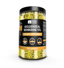 PURE ORIGINAL INGREDIENTS Goldenseal Berberine capsules on a glass bottle for daily wellness.