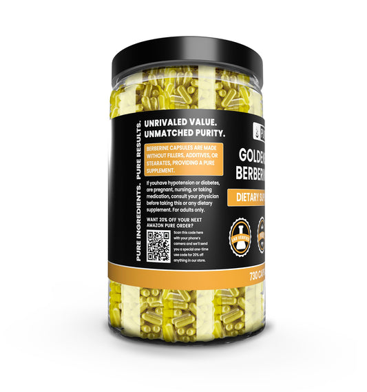 Close-up of the Goldenseal Berberine label on the bottle emphasizing purity.