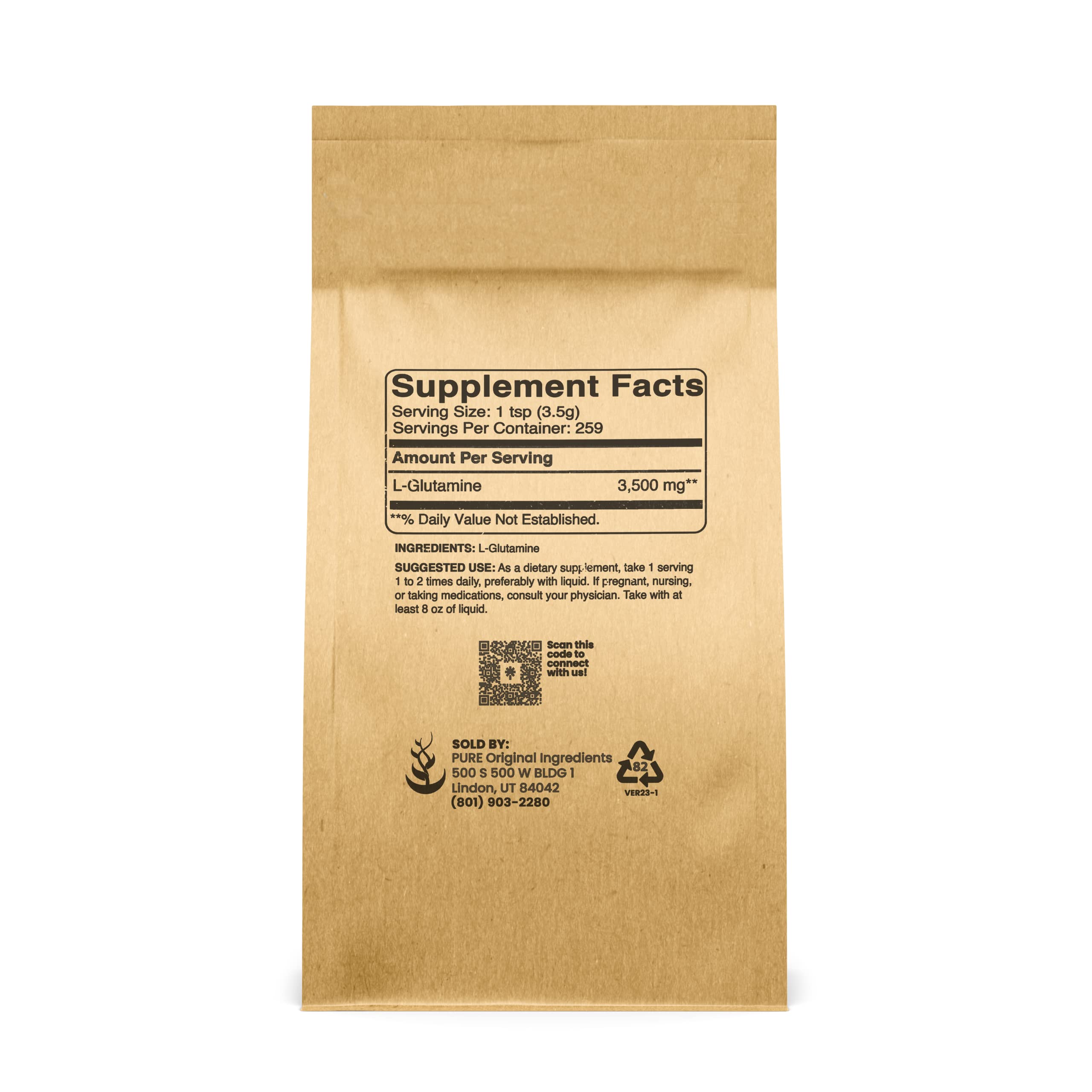 Pure Original Ingredients L-Glutamine powder scoop demonstrates convenient dosing.