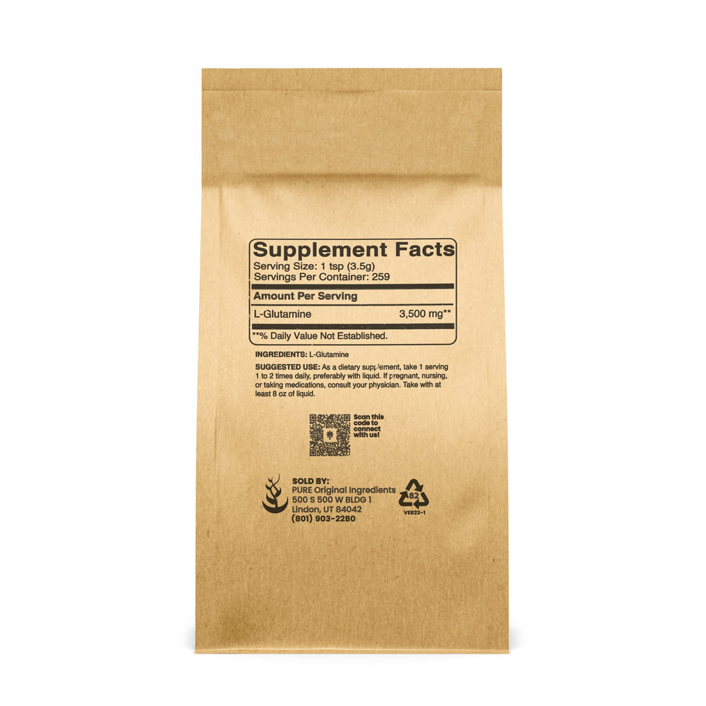 Pure Original Ingredients L-Glutamine powder scoop demonstrates convenient dosing.