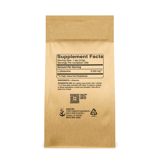 Pure Original Ingredients L-Glutamine powder scoop demonstrates convenient dosing.