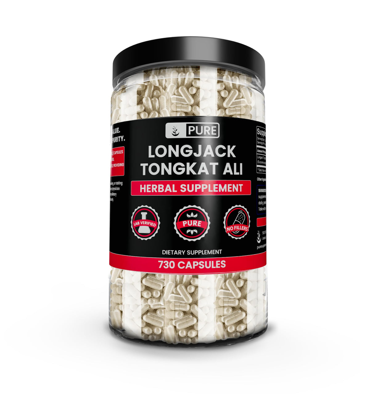 Pure Original Ingredients Longjack bottle close-up shows pure capsules for daily vitality.
