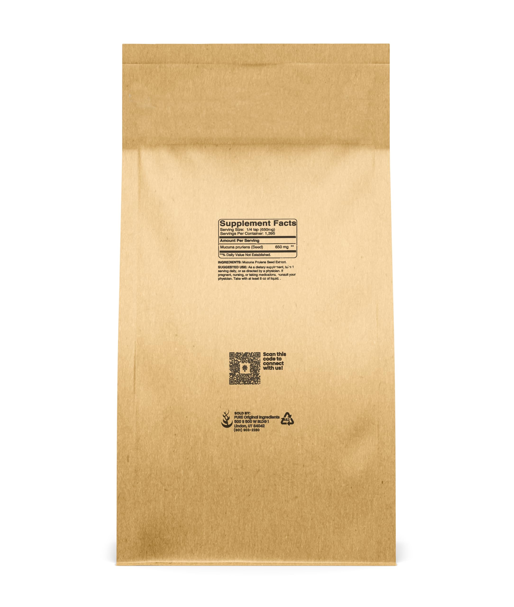 PURE ORIGINAL INGREDIENTS Mucuna Pruriens powder with scoop for precise daily dosing.