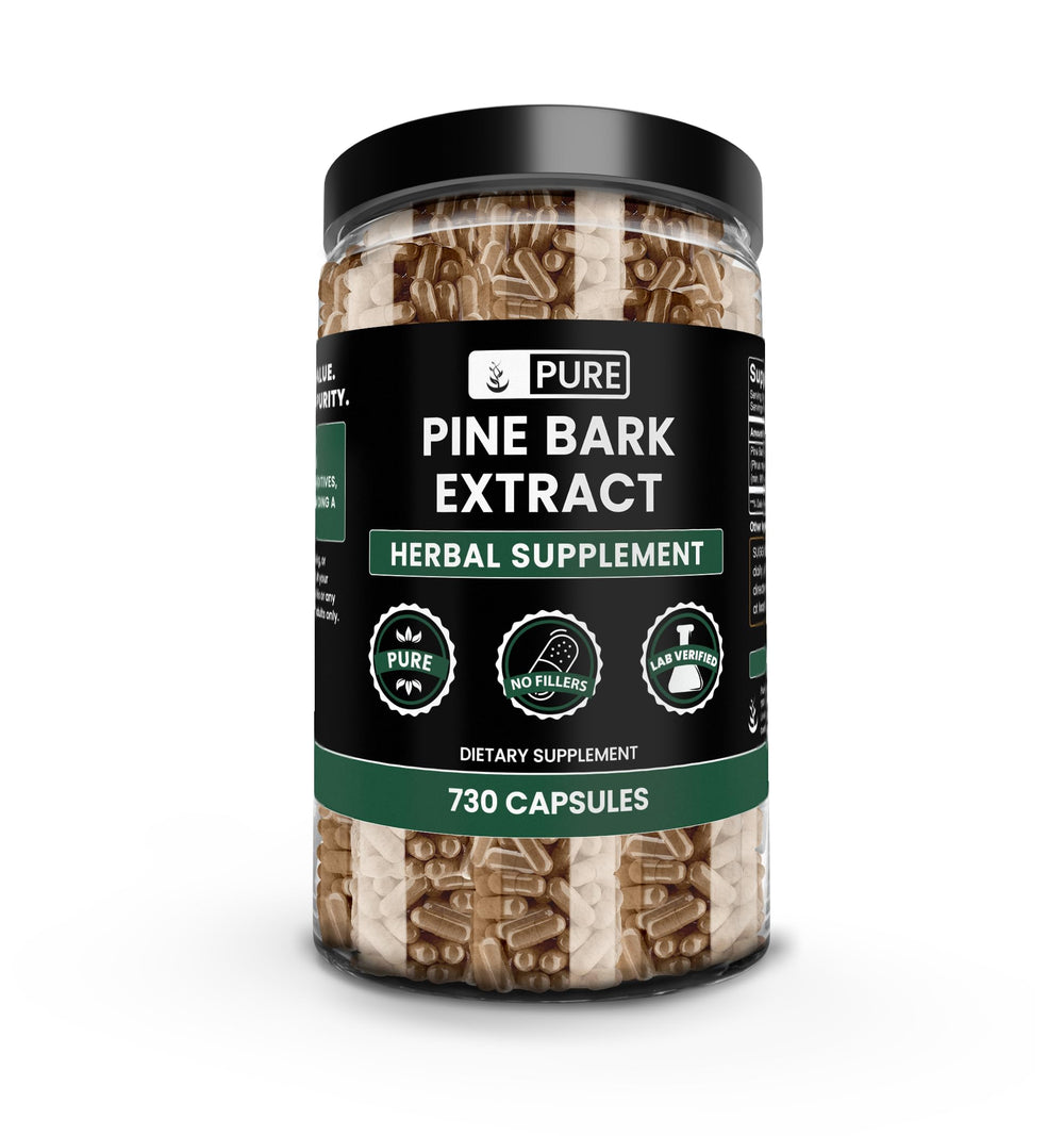 Pure Original Pine Bark Extract bottle close-up showing pure formula for daily wellness