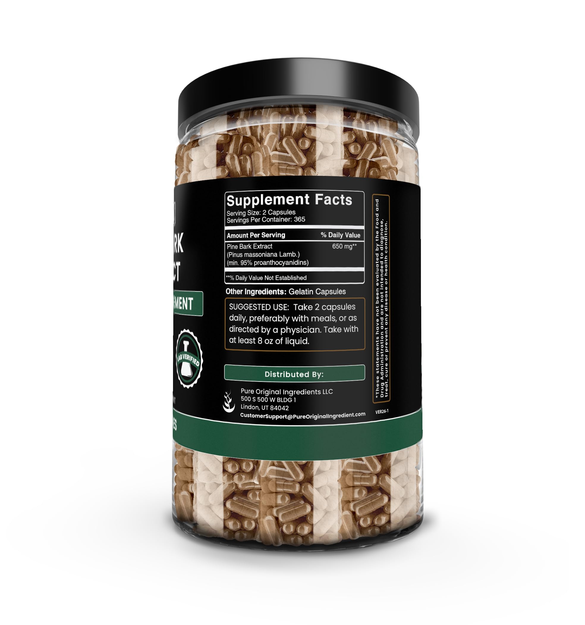 Pure Original Pine Bark Extract capsules in bottle emphasize single-ingredient simplicity