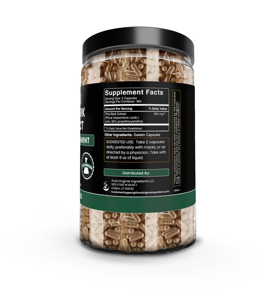 Pure Original Pine Bark Extract capsules in bottle emphasize single-ingredient simplicity