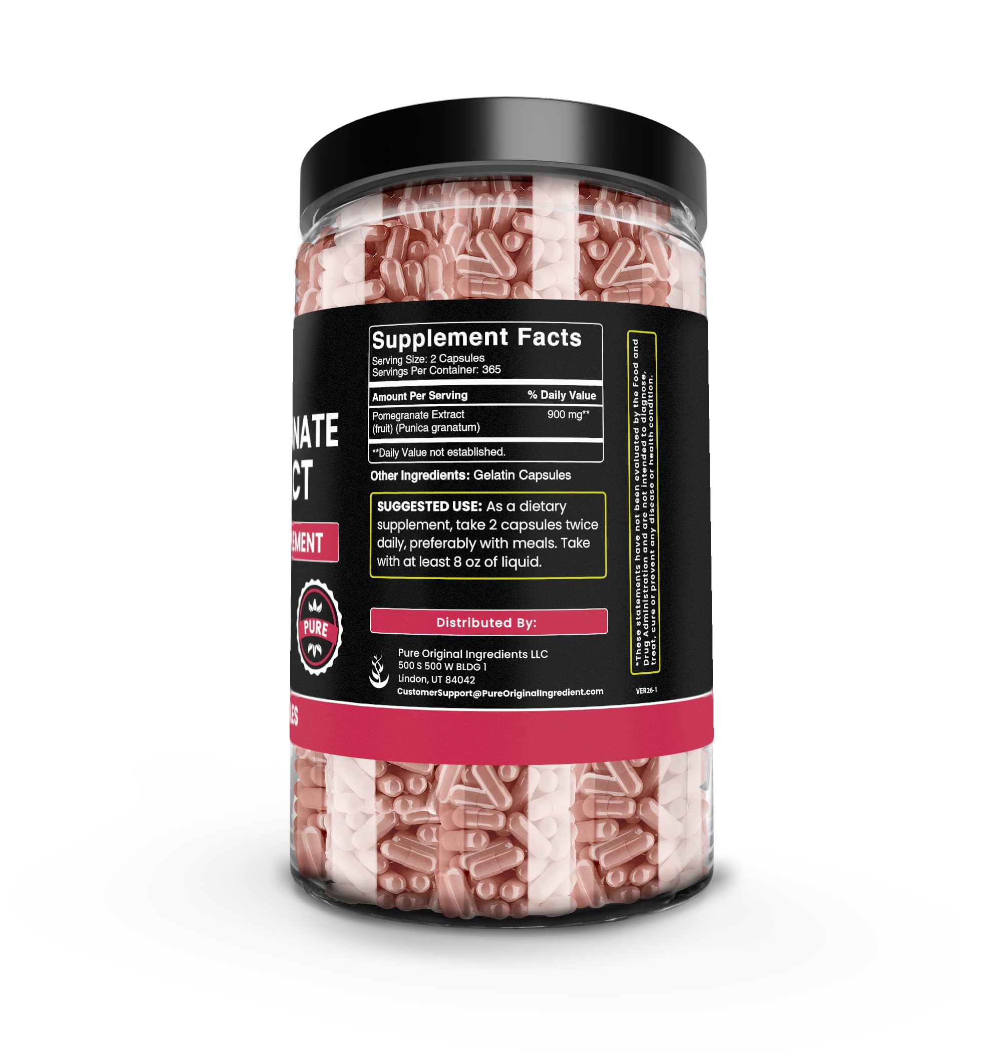 Pure Original Ingredients Pomegranate Extract capsules on display for easy daily intake.