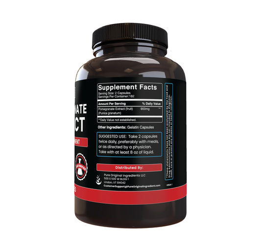 PURE ORIGINAL INGREDIENTS pomegranate extract capsules close-up highlighting a simple daily supplement.