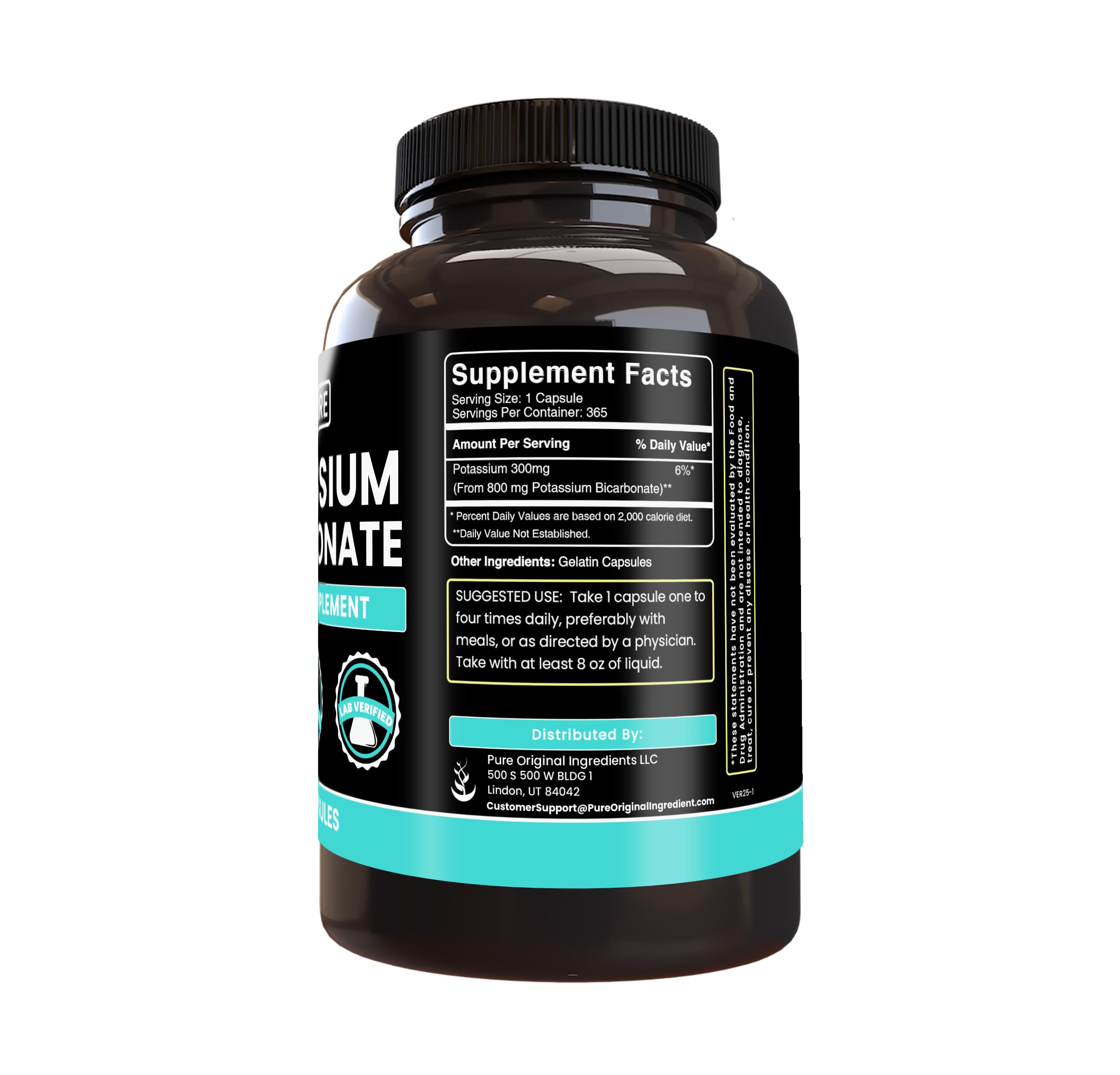 Pure Original Ingredients potassium bicarbonate capsules bottle side label showing purity