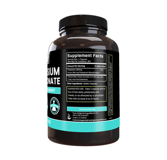 Pure Original Ingredients potassium bicarbonate capsules bottle side label showing purity