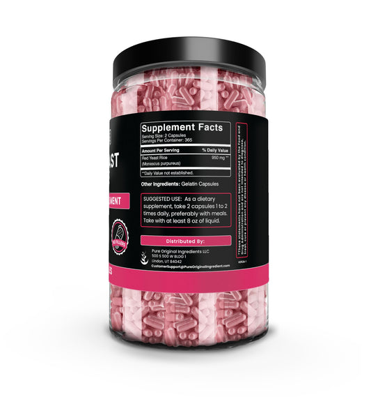 Pure Original Ingredients red yeast rice capsules close-up highlighting purity.