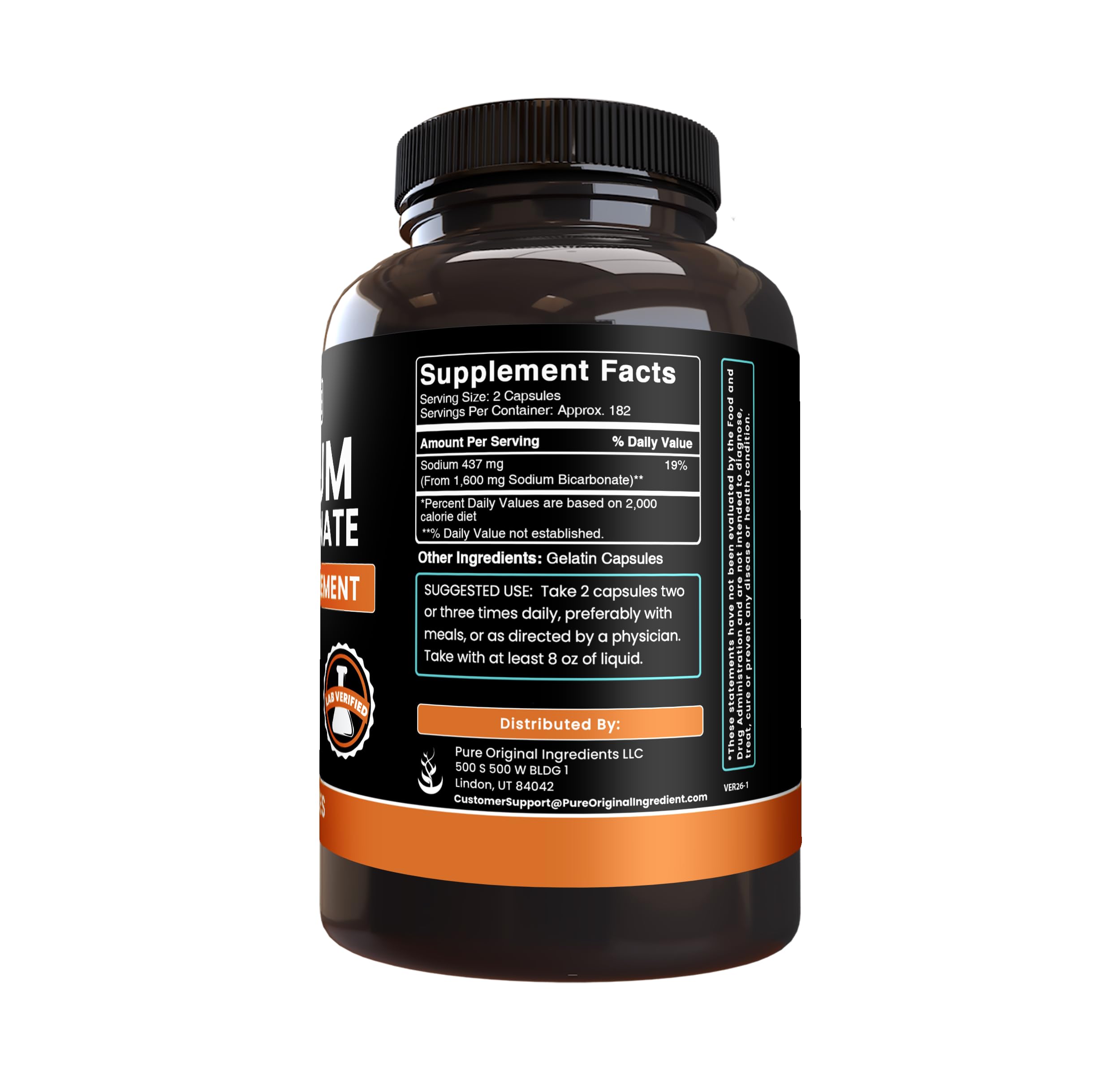 Pure Original Ingredients Sodium Bicarbonate capsules label close-up emphasizes purity and lack of fillers.