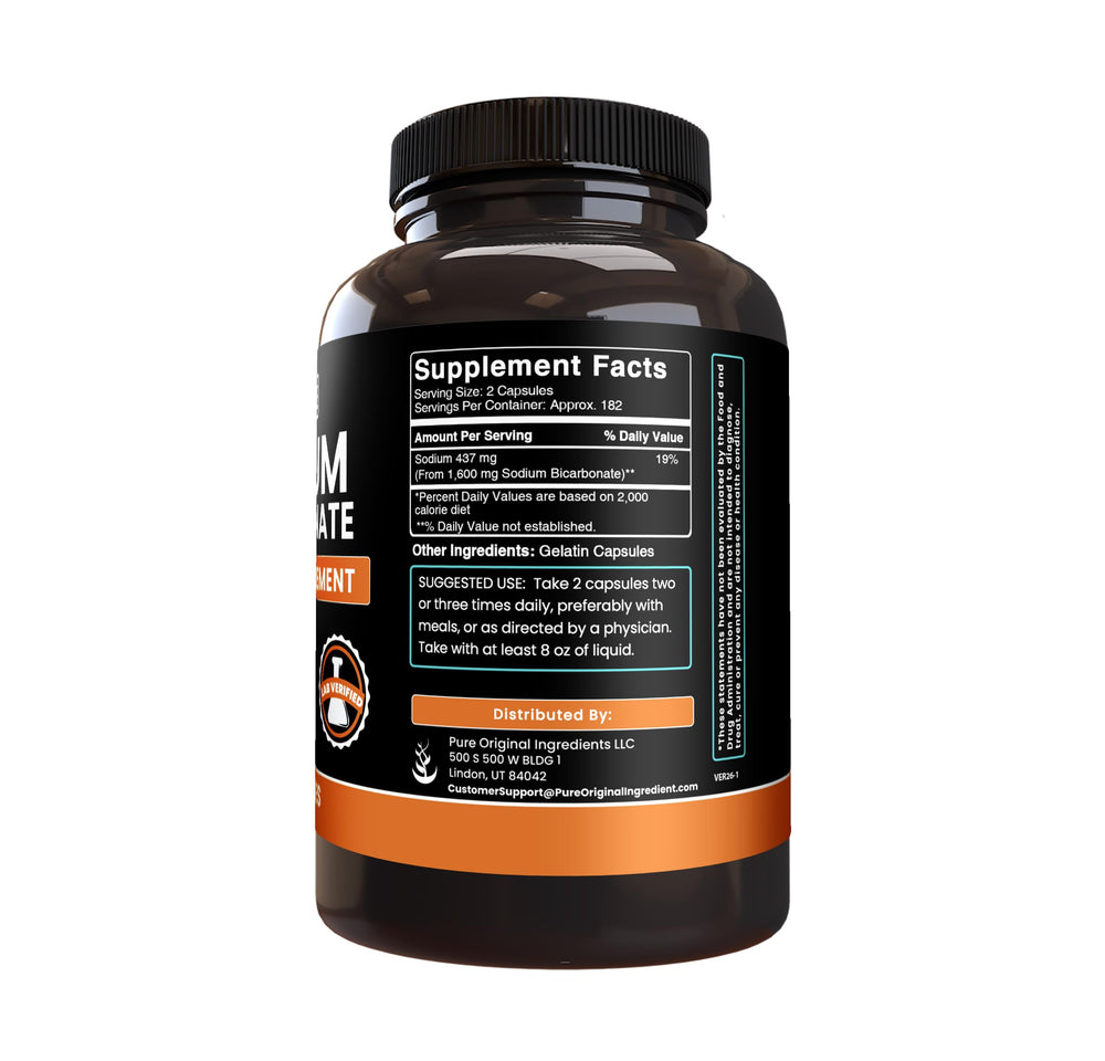 Pure Original Ingredients Sodium Bicarbonate capsules label close-up emphasizes purity and lack of fillers.