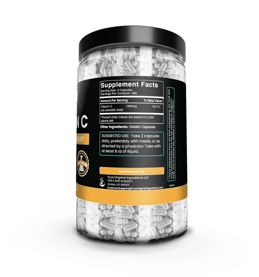 Close-up of Pure Original Ingredients Vitamin C capsules highlighting pure formula for everyday wellness