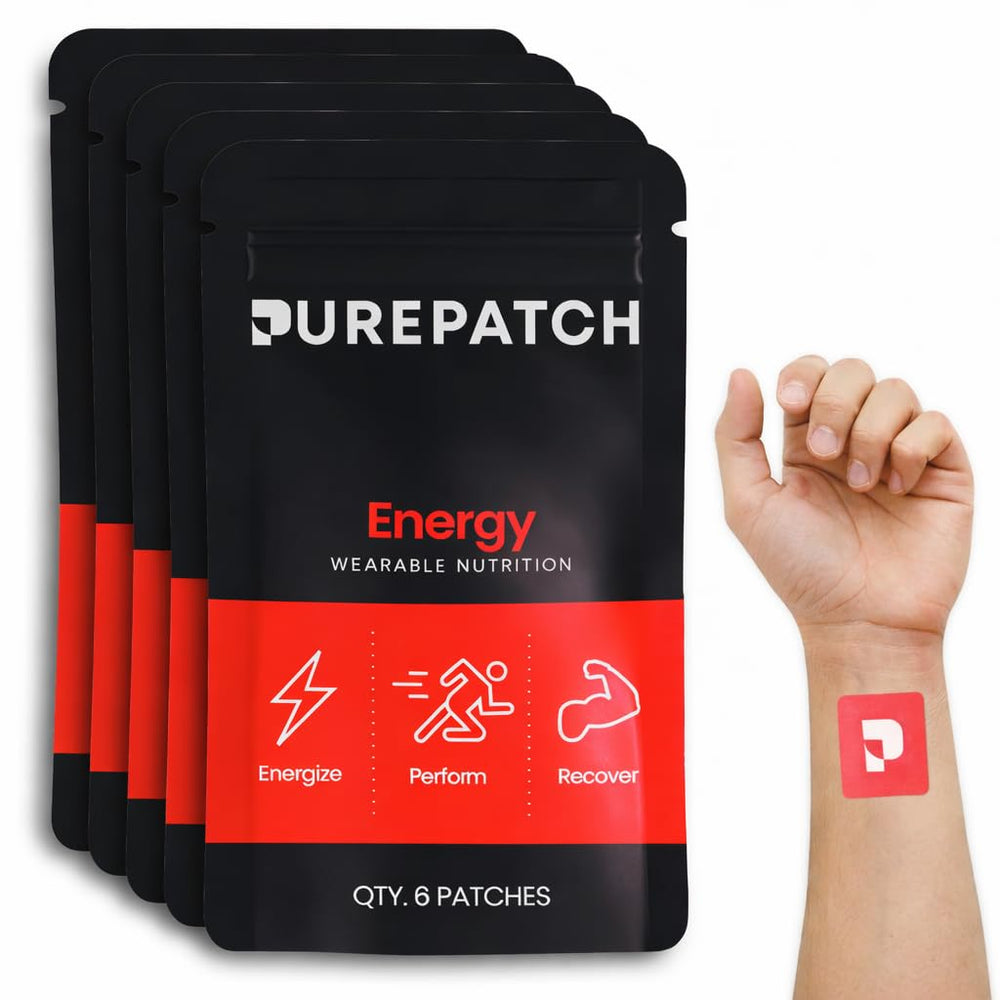 Pure Patch Energy Patch pack close-up showing compact design for easy morning use.