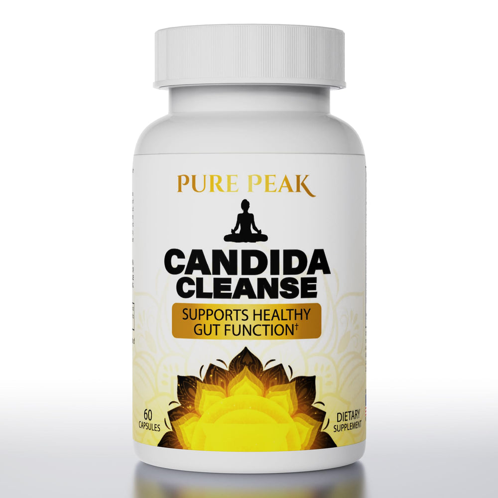 Pure Peak Candida Cleanse bottle on a clean surface highlighting gut balance support.