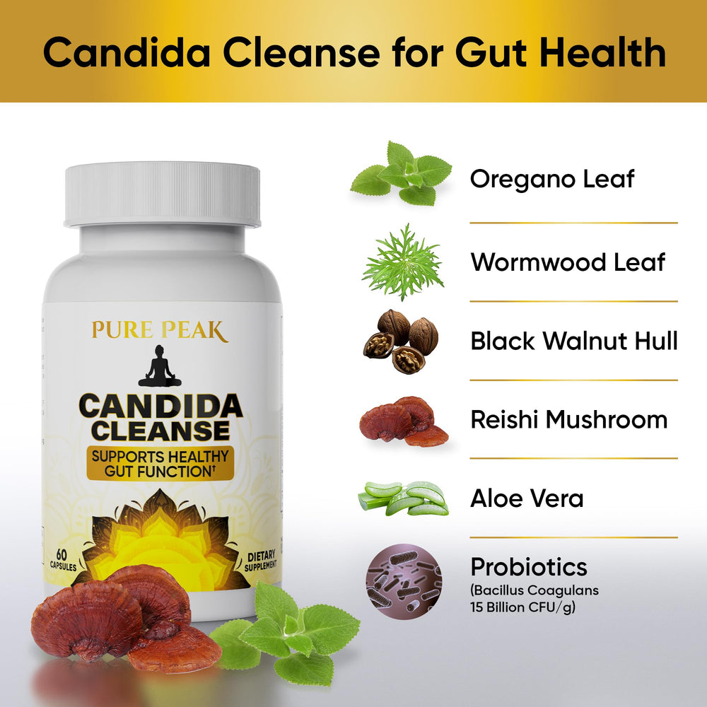 Pure Peak Candida Cleanse capsules displayed with herbal extracts suggesting gut wellness.