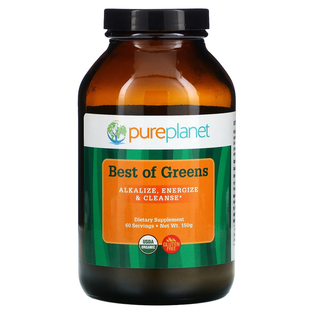 Pure Planet Best of Greens bottle front showing vibrant powder for daily energy.