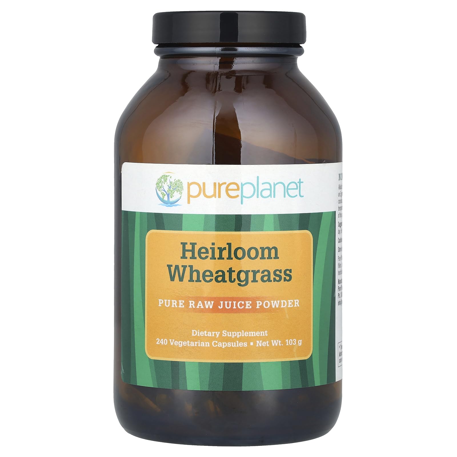 Pure Planet Heirloom Wheatgrass capsules bottle shows convenient daily greens.