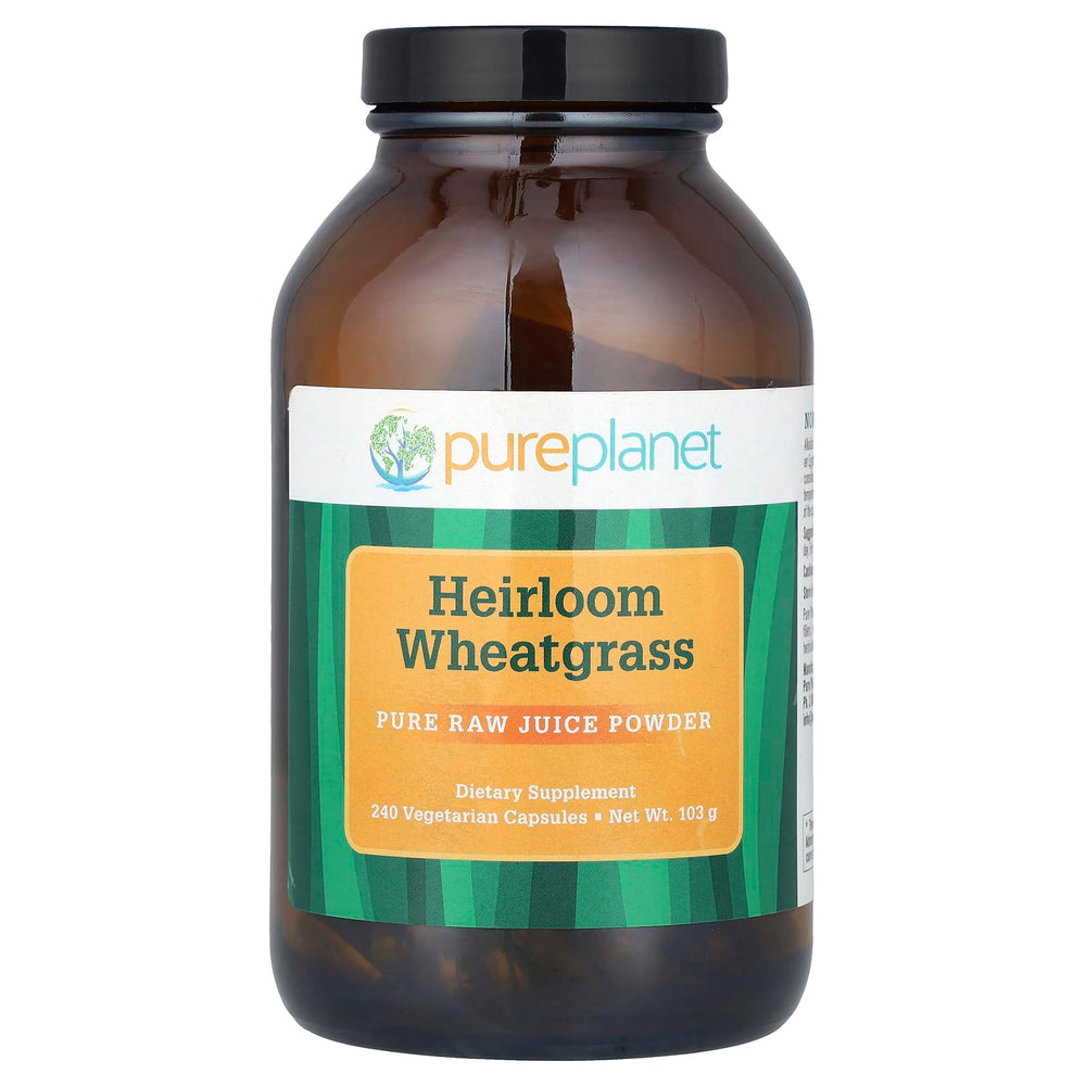 Pure Planet Heirloom Wheatgrass capsules bottle shows convenient daily greens.