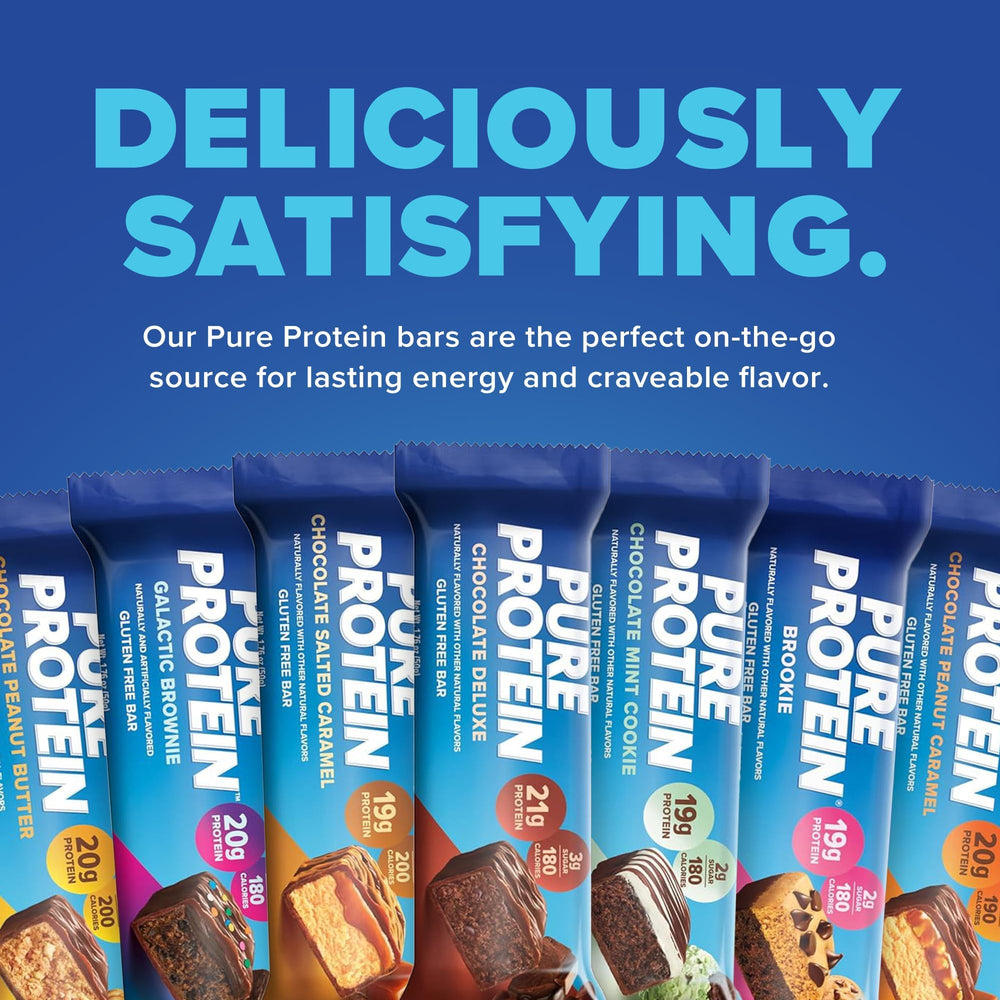 Pure Protein 20g protein bar close-up, highlighting gluten-free nutrition and flavor