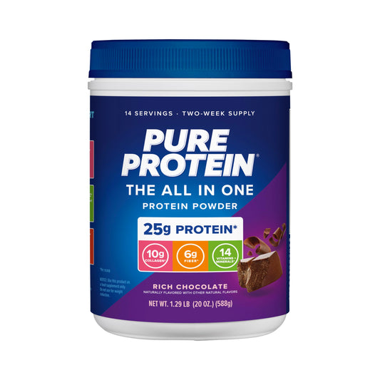 Pure Protein All-In-One bottle with rich chocolate flavor for post-workout use