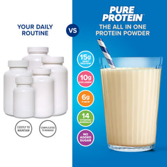Pure Protein All-In-One Vanilla mixing scene illustrates smooth texture
