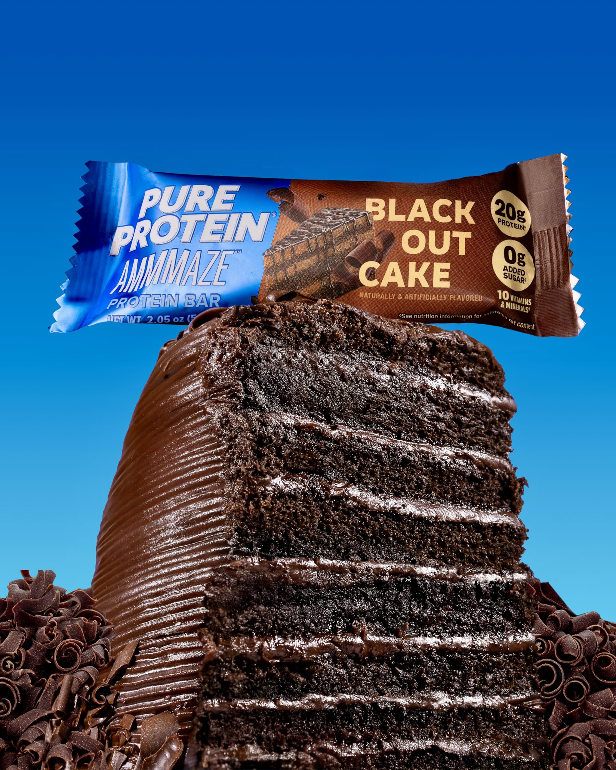 AMMMAZE Blackout Cake bar nutrition panel highlights 20g protein.
