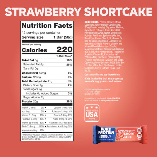 Pure Protein AMMMAZE Strawberry Shortcake bars cross-section reveals creamy coating and crunchy topping.
