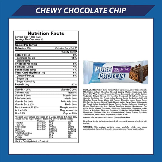 Pure Protein Bars chewy chocolate chip bar close-up showing soft texture and protein boost