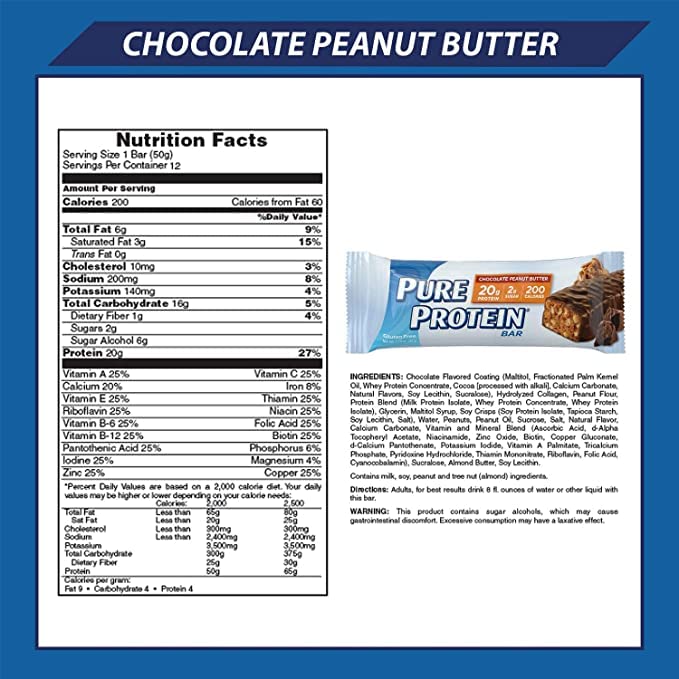 Pure Protein Bars chocolate peanut butter bar close-up for satisfying snack