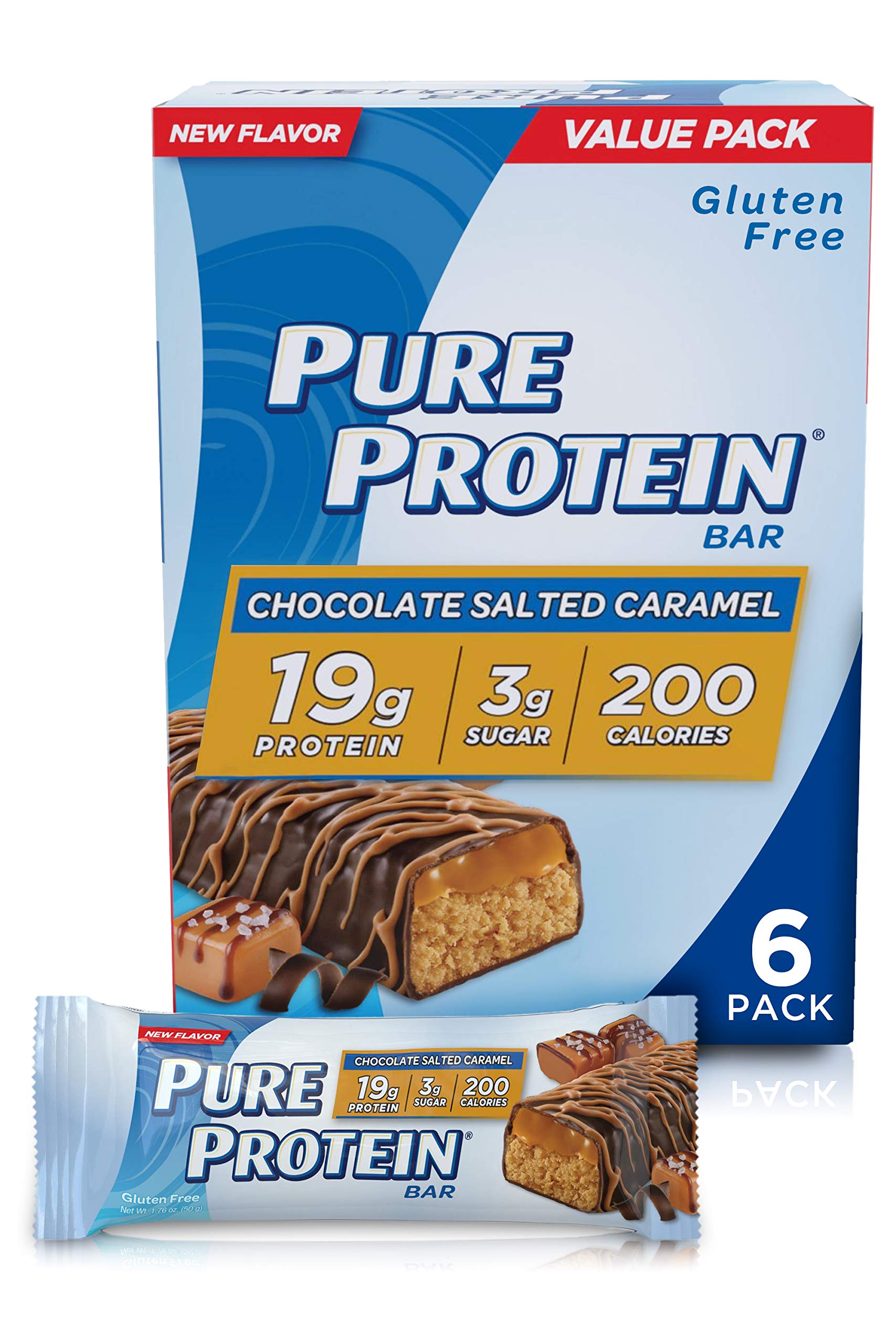 Pure Protein Chocolate Salted Caramel bar on gym mat after workout for quick energy