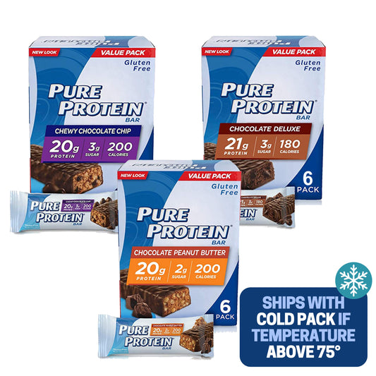 Pure Protein Bars variety pack box with all three flavors for on-the-go energy