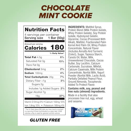 Pure Protein Chocolate Mint Cookie Bar close-up texture showing crisp chocolate and mint.