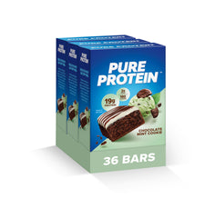 Pure Protein Chocolate Mint Cookie Bar packaging view for on-the-go, high-protein snacking.