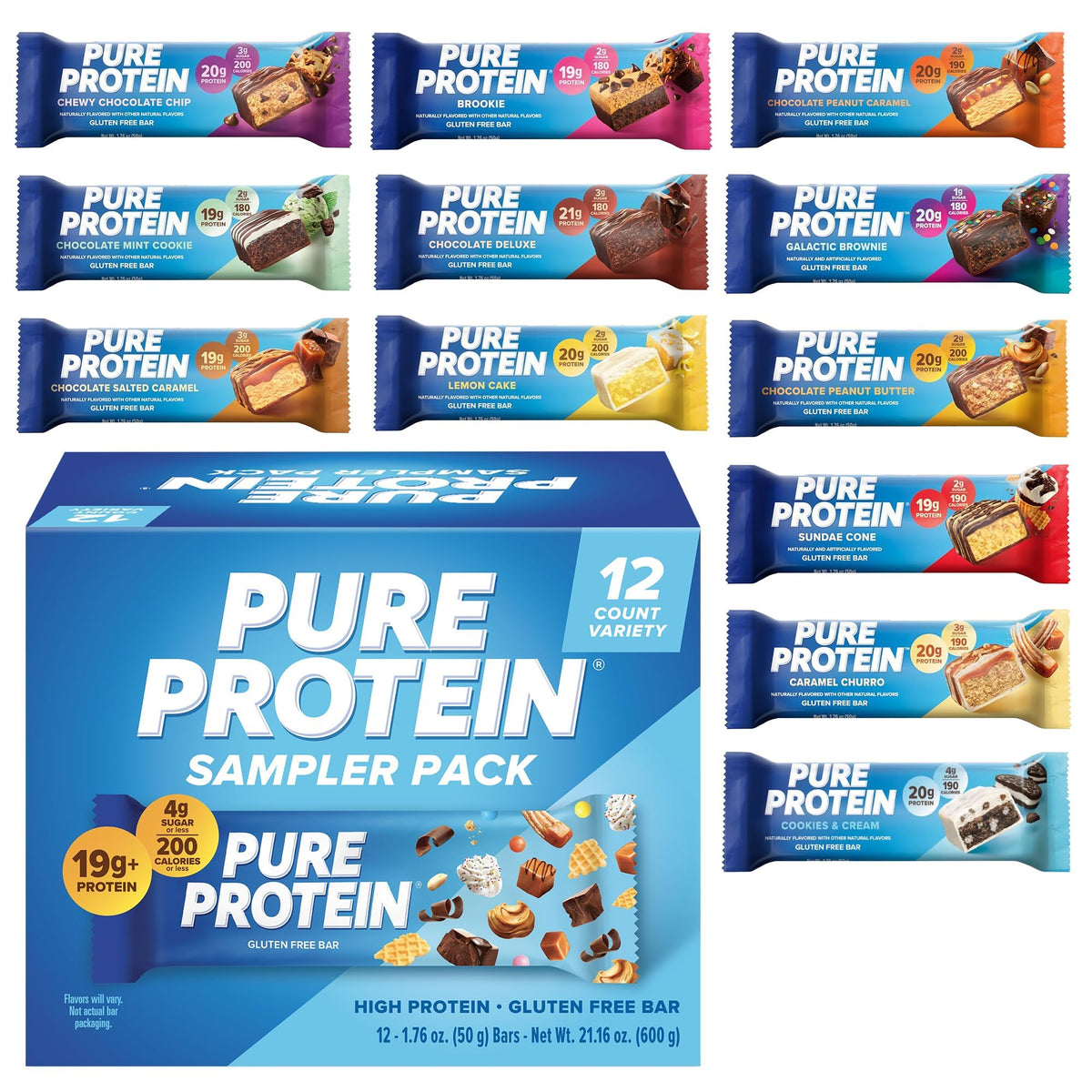 Pure Protein Galactic Brownie Bars on-the-go hero image showing 20g protein per bar for workouts