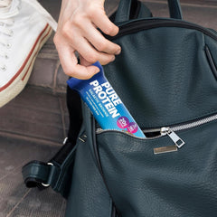 Pure Protein on-the-go snack layout showing portable packaging for busy days