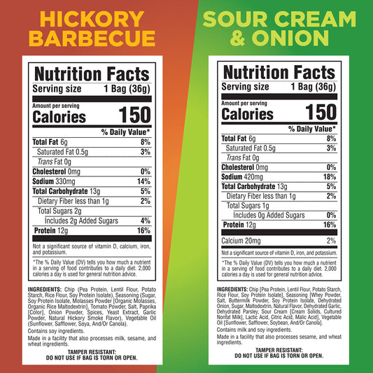 Pure Protein Popped Crisps Sour Cream & Onion box reveals savory crunch with 12g protein per serving.