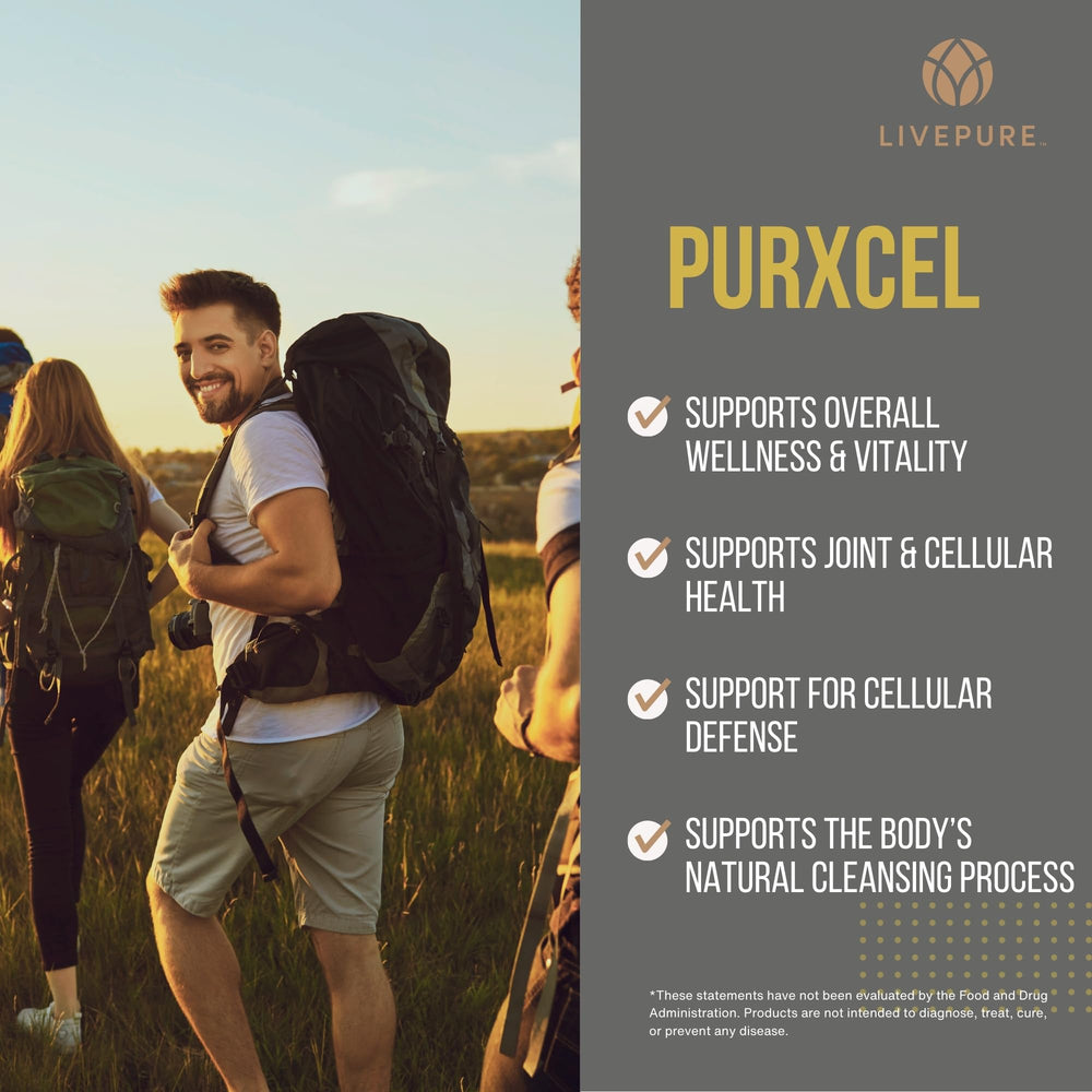 PURE PurXcel capsules poured from bottle suggesting convenient daily antioxidant support.