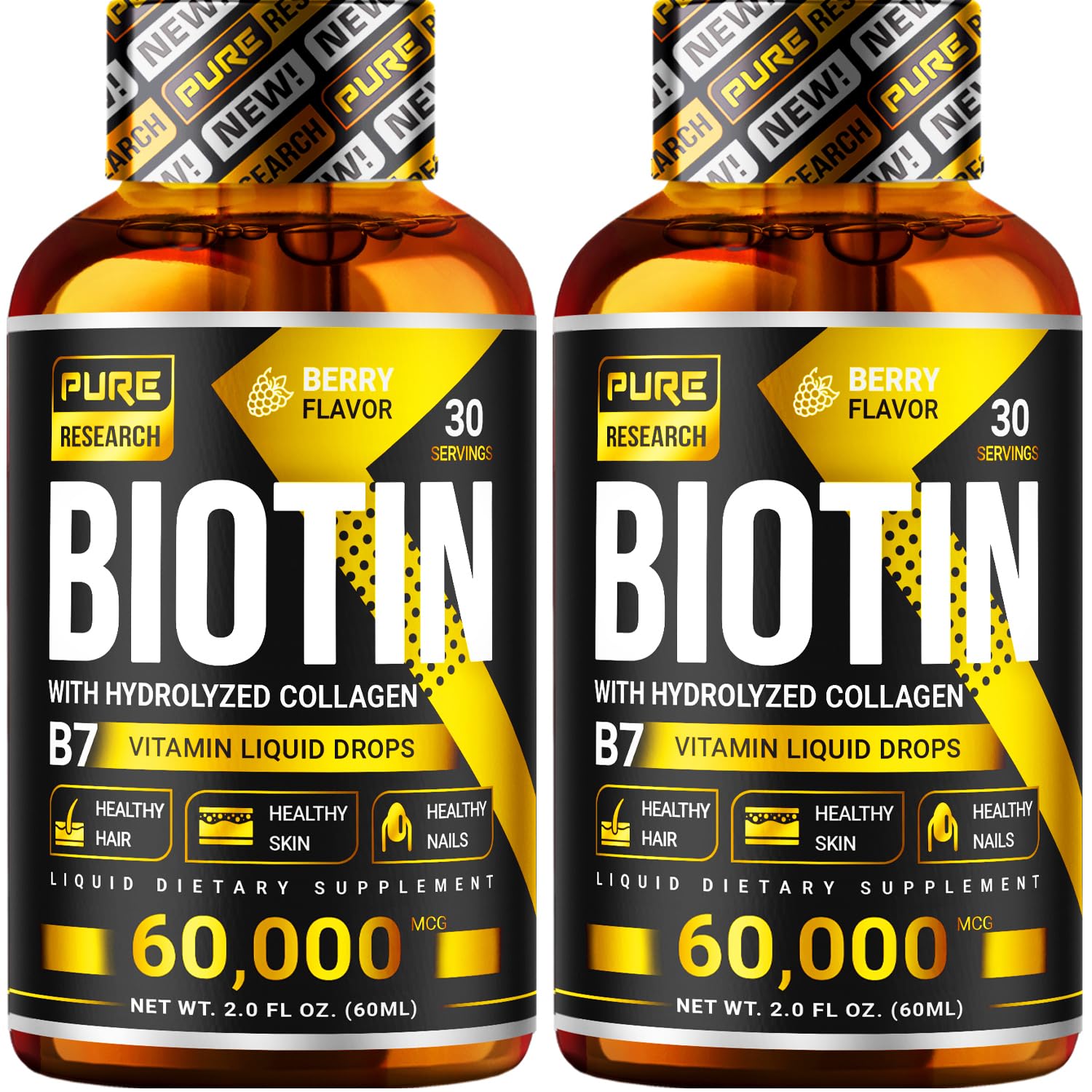 Pure Research Biotin Collagen bottle pour showing convenient daily dose for hair and nails