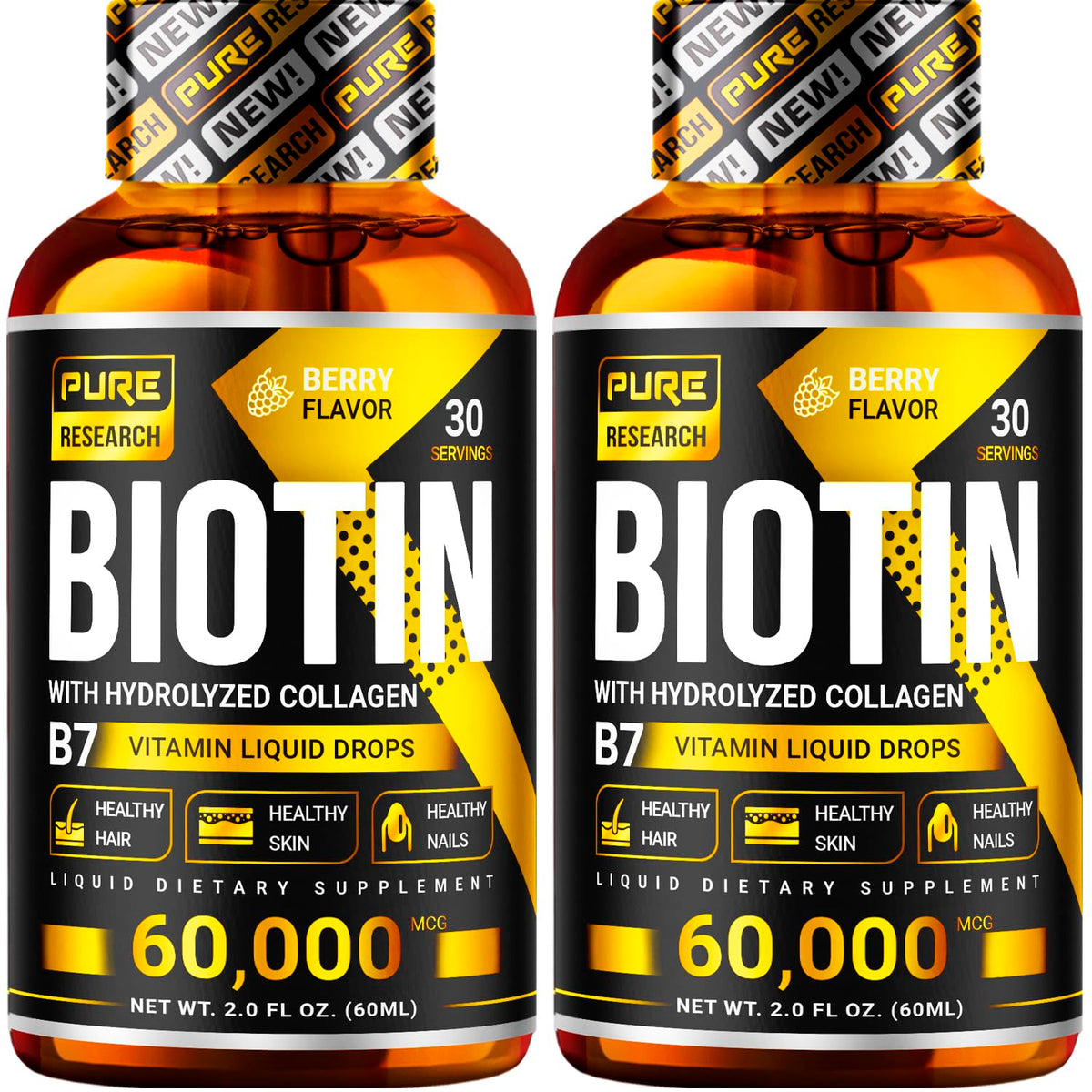 Pure Research Biotin Collagen bottle pour showing convenient daily dose for hair and nails